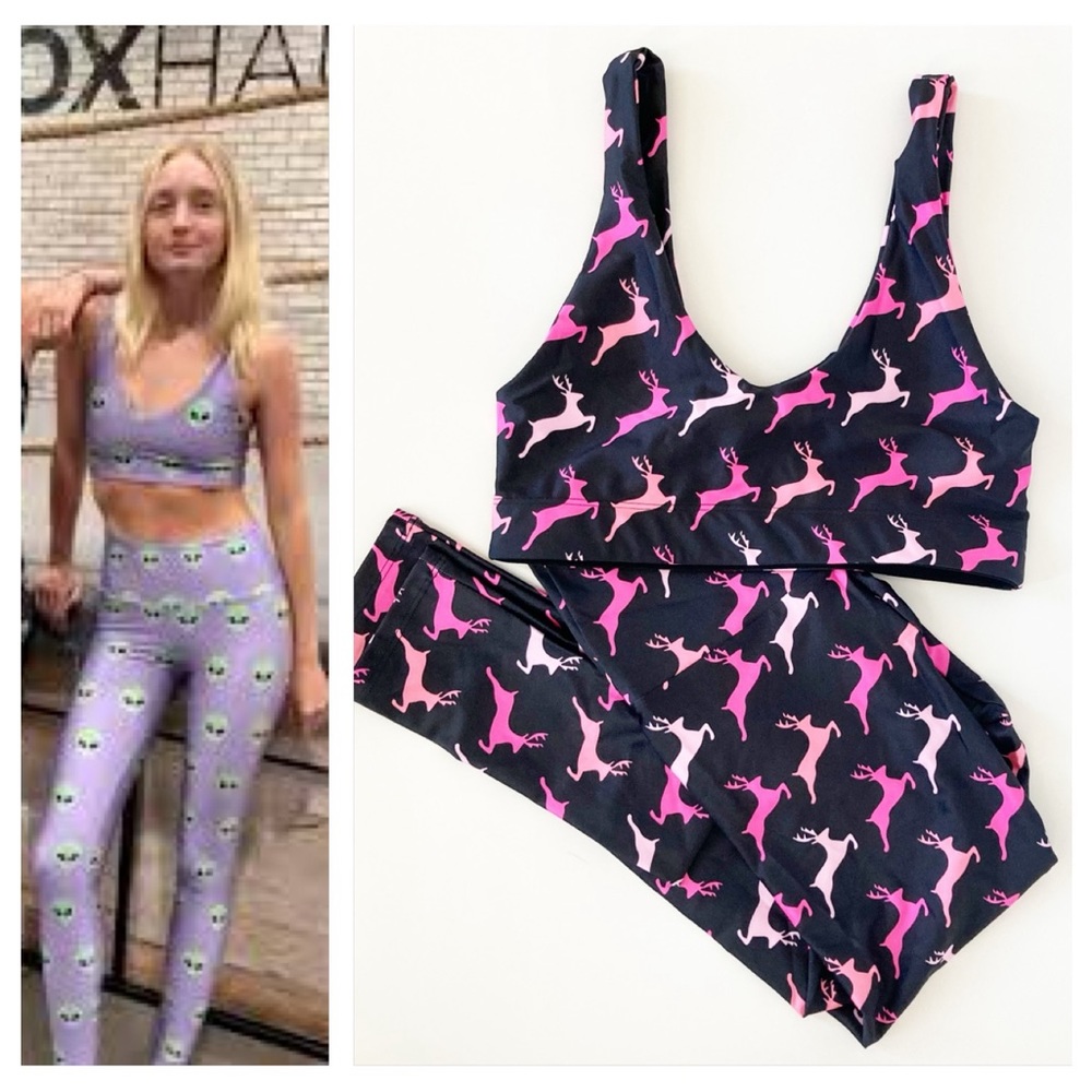 Goldsheep Pink Reindeer Leggings and Sports Bra Holiday Workout Set Small XS